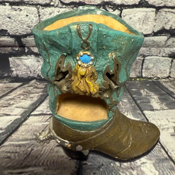 Vintage 1990's Young Inc. Teal Cowboy Boot Tea Light Holder - Picture 2 of 11